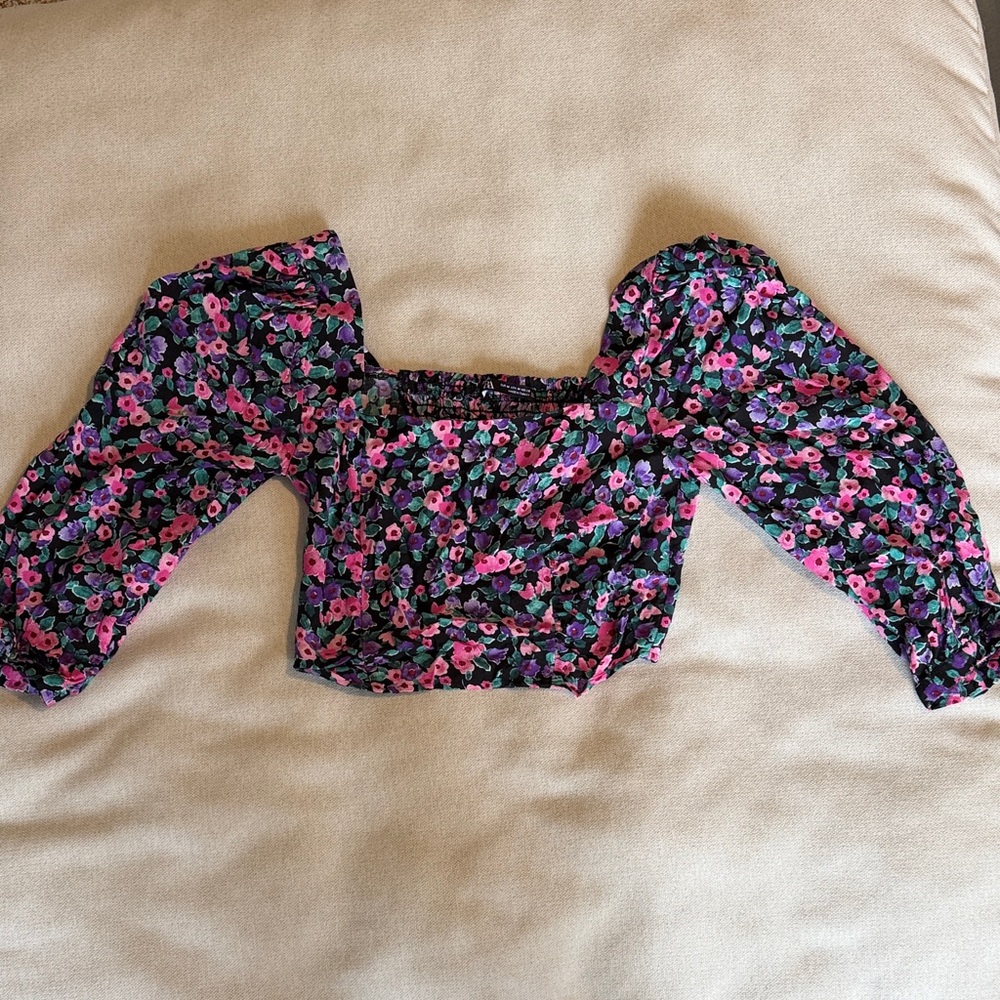 Zara Black Floral Puff Sleeve Blouse